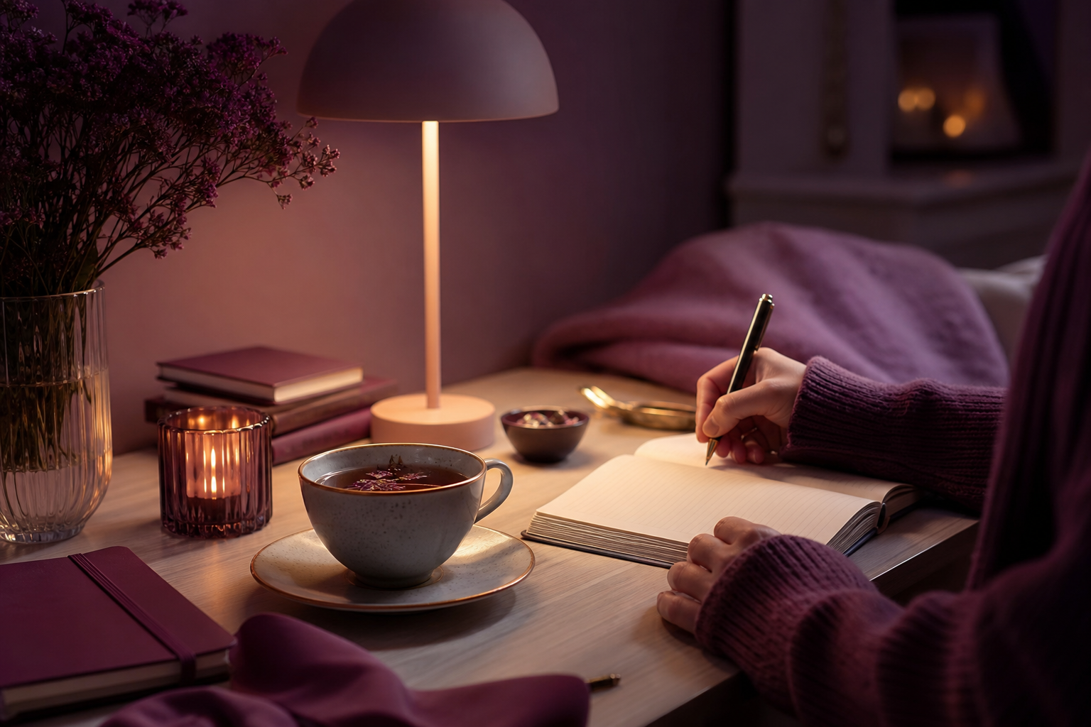 Organmoveorganic evening desk setup with journal and warm lamp